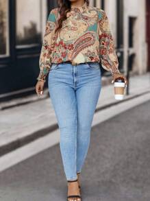 SHEIN Clasi 大碼佩斯利印花荷葉袖襯衫 - 彩色 - 查看 4