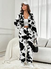 SHEIN EZwear Cow Pattern Hooded Teddy Jacket & Pants - Black and White - View 3
