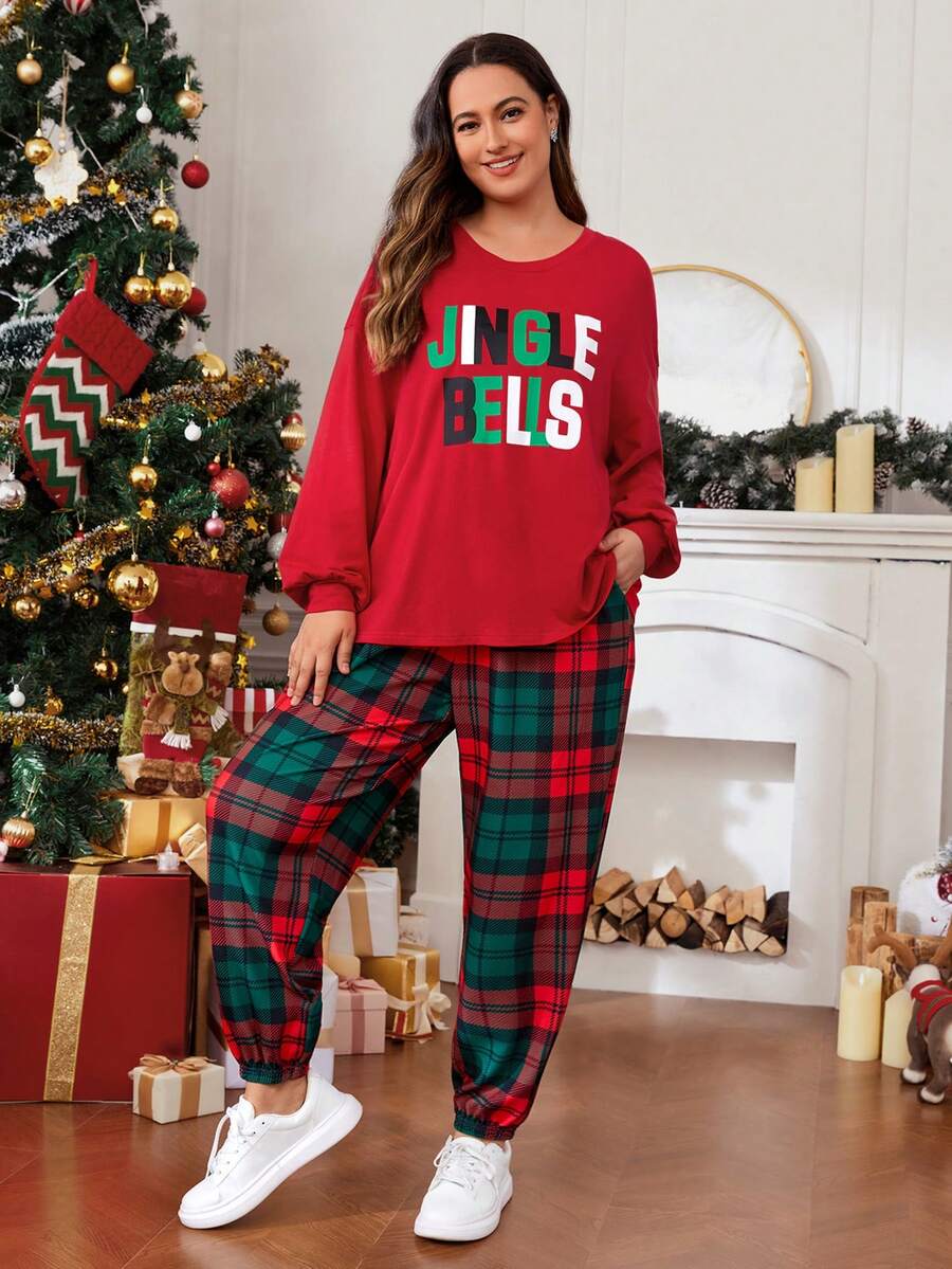 SHEIN LUNE Plus Slogan Graphic Drop Shoulder Sweatshirt & Plaid Print Sweatpants - Multicolor - View 1