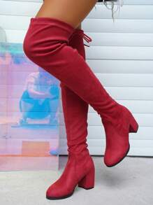 Ladies' Fashionable Over The Knee Tight Boots With Chunky Heel - Red - View 2