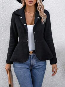 SHEIN LUNE Solid Button Front Peplum Coat - Black - View 4