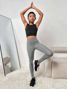 SHEIN Tween Girl Wide Waistband Phone Pocket Side Sports Leggings - Grey - View 4