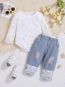 Baby Girl Contrast Lace Bodysuit & Ripped Frayed Jeans - White - View 1