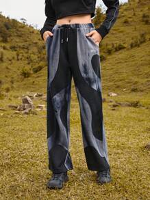 In My Nature Colorblock Graphic Print Drawstring Waist Outdoor Sweatpants - Grey - View 3