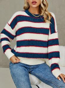 SHEIN Unity Áo len chui đầu dáng rộng vai rớt họa tiết sọc, thích hợp cho mùa thu đông. - Nhiều màu - Xem 5