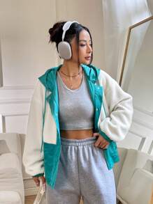 SHEIN Unity Cazadora teddy de dos tonos de hombros caídos con cordón con capucha - Albaricoque - Ver 6