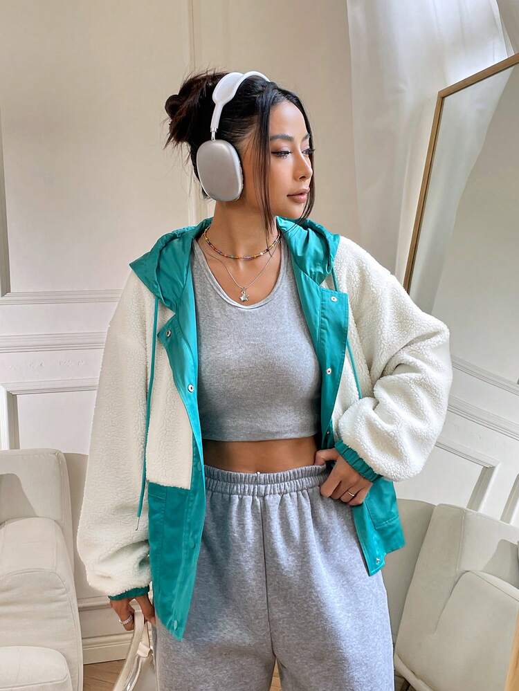 Two Tone Drop Shoulder Drawstring Hooded Teddy Jacket