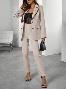 Chiquease Peak Collar Flap Detail Blazer & Pants - Apricot - View 1