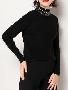 Mock Neck Sequin Decor Drop Shoulder Sweater - Black - View 4