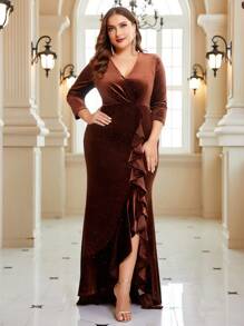 SHEIN Belle Burgundy Red Plus Ruffle Trim Glitter Bridesmaid Dress - Burgundy - View 3