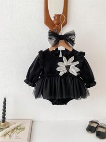 女嬰印花荷葉邊網紗拼接連體衣 - 黑色 - 查看 7