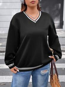 Flirla Plus Striped Trim Drop Shoulder Sweatshirt Pullover Fall Sweatshirt - Black - View 6