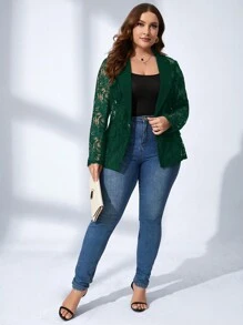 SHEIN Clasi Plus Shawl Collar Flap Detail Open Front Lace Blazer - Dark Green - View 3