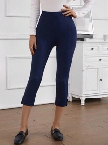 EMERY ROSE 純色高腰捲邊袢下擺打底褲 - 藍色 - 查看 4