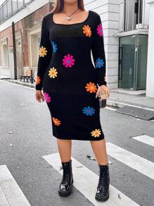 Flirla Plus Floral Pattern Square Neck Sweater Dress - Black - View 7
