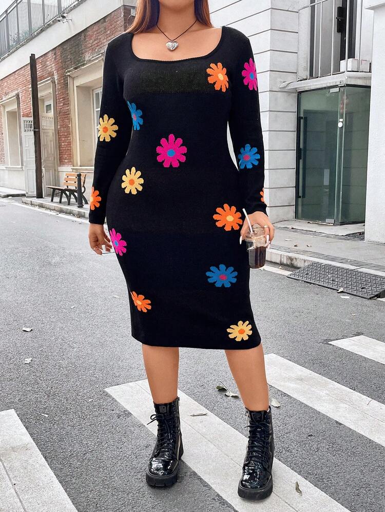 Plus Floral Pattern Square Neck Sweater Dress