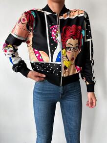 RueChic Figure Graphic Zip Up Bomber Jacket - Multicolor - View 5