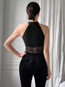 EastFlair 女式蕾絲&中空設計夏季背心，飾有傳統結扣 - 黑色 - 查看 2