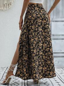 Breezaya Falda larga con abertura y estampado floral de cintura alta, conjunto de ropa de playa y vacaciones para mujeres - Amarillo - Ver 2