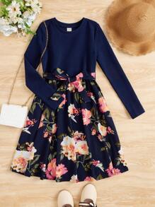 Tween Girl Knitted Round Neck Floral Jacquard Splicing Dress - Royal Blue - View 1