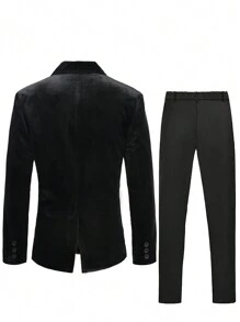 Manfinity AFTRDRK Men Single Breasted Velvet Blazer & Straight Leg Pants - Black - View 2