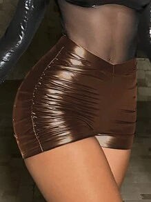 SHEIN SXY 褶邊PU皮革騎行褲 - 咖啡棕 - 查看 5