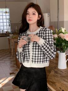 DAZY 格紋前排扣短款開衫 - 黑色 - 查看 1