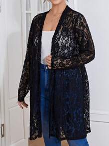 SHEIN LUNE Plus Open Front Lace Coat - Black - View 6