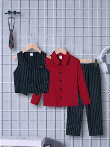 SHEIN 3pcs/Set Young Boy College Style Striped Vest, Shirt And Pants Set, Fleece Thickened