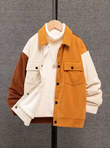 Cậu bé Tween Khối màu Túi có nắp Lót nhiệt Áo khoác vải nhung Không có áo len - Màu Khaki - Xem 3