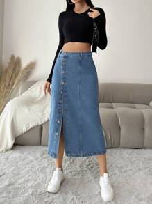 EURMUSE Button Front Denim Skirt - Medium Wash - View 3