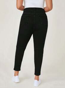 SHEIN Essnce Plus Brushed Fabric Thermal High Waist Skinny Jeans Thickened Denim, For Winter - Black - View 2