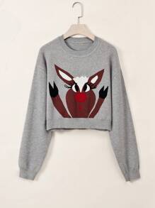 SHEIN EZwear Jersey zorro patrón de hombros caídos - Gris - Ver 1