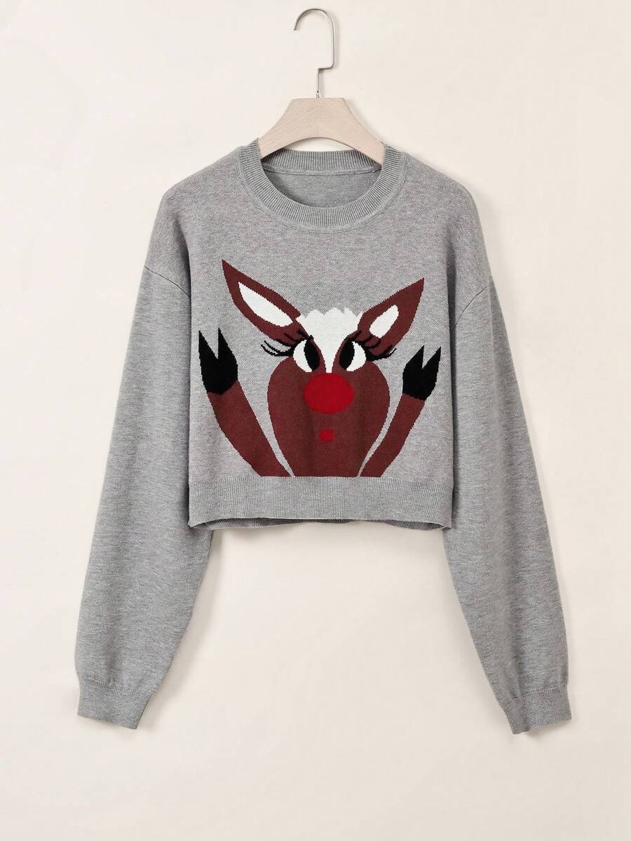 SHEIN EZwear Jersey zorro patrón de hombros caídos - Gris - Ver 1
