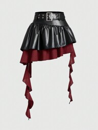 ROMWE PUNK 双色索环扣腰带 PU 皮革短裙，学校