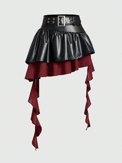 Jupe en PU ceinturée avec boucle à œillets bicolore, école
