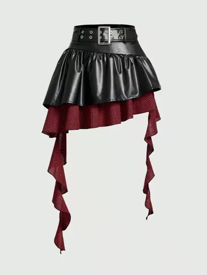 ROMWE PUNK 双色索环扣腰带 PU 皮革短裙，学校