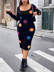 Flirla Plus Floral Pattern Square Neck Sweater Dress - Black - View 5