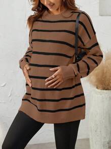 SHEIN Maternity Striped Pattern Drop Shoulder Sweater, For Winter - Brown - View 6