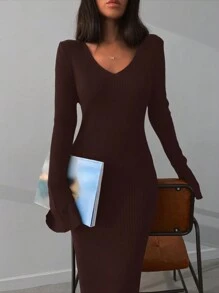 RueChic Solid V Neck Sweater Dress - Brown - View 4