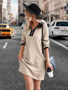 SHEIN LUNE Contrast Trim Quarter Zip Drop Shoulder Tee Dress - Apricot - View 3