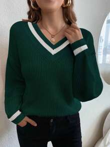 EMERY ROSE 條紋飾邊落肩袖板球毛衣 - 墨綠色 - 查看 3