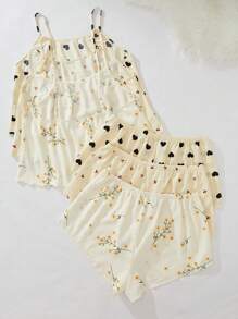 CottageSlumber 另加 3 件花卉樱桃心印花吊带上衣和 3 件短裤睡衣套装/睡衣套装 - 米色 - 查看 2