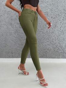 RueChic Solid Cropped Skinny Jeans - Khaki - View 3