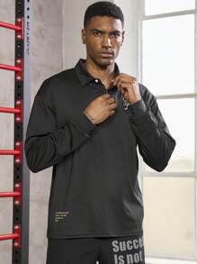 Gym Rark Boyfriend Style Men Slogan Graphic Polo Neck Sports Polo Shirt Workout Tops Golf Shirt - Black - View 5