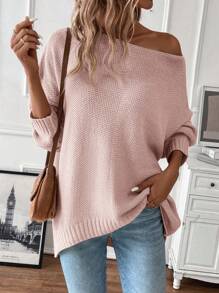 SHEIN Essnce Boat Neck Drop Shoulder Sweater - Dusty Pink - View 5