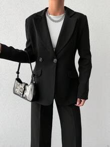 EURMUSE Lapel Neck Single Button Blazer & Suit Pants - Black - View 6