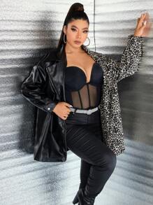 Flirla Talla grande Abrigo con estampado de leopardo de malla en contraste PU - Multicolor - Ver 3