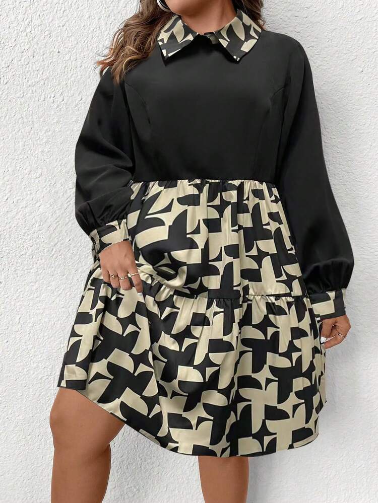 Plus Geo Print Lantern Sleeve Ruffle Hem Dress