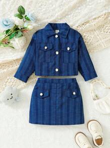 Baby Girl Flap Pocket Jacket & Flap Pocket Skirt - Blue - View 1